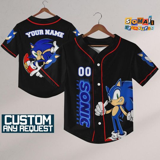 Discover Personalize The Hedgehog Sonic Speed Black Jersey Baseball, Sonic the Hedgehog Sports Tee, Gamer Gift Outfit