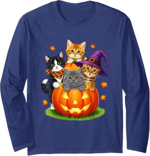 Discover Cute Kittens and Pumpkin Halloween Long Sleeve T-Shirt