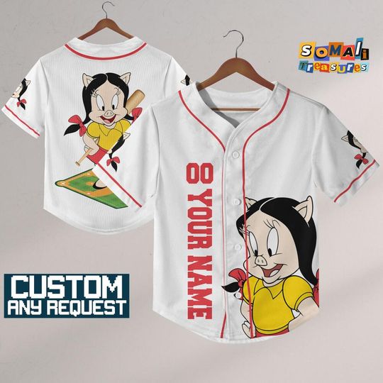 Personalize Cartoon Looney Tune Petunia Pig Jersey Baseball, Gift for Space Jamz Fans, Tune Squad Jersey, Family Jersey