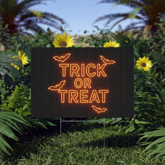 Discover Halloween Yard Sign Trick or Treat Neon Bats Design Spooky Outdoor Lawn Sign Modern Halloween Porch Decor