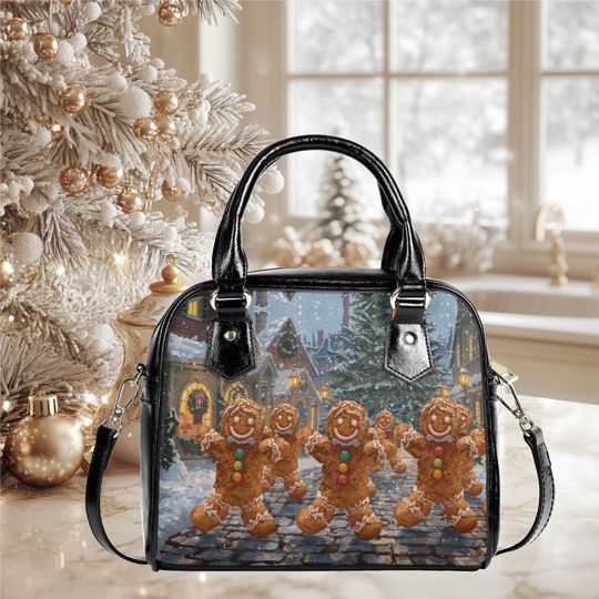 Christmas Holiday Gingerbread men Purse Satchel messenger purse tote crossbody fun cute design black shoulder handbag with strap