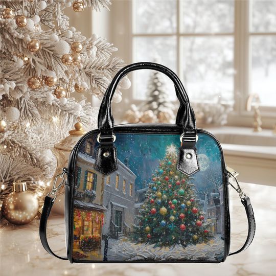 Discover Christmas Holiday tree town Purse Satchel messenger purse tote crossbody fun cute design black shoulder handbag with strap