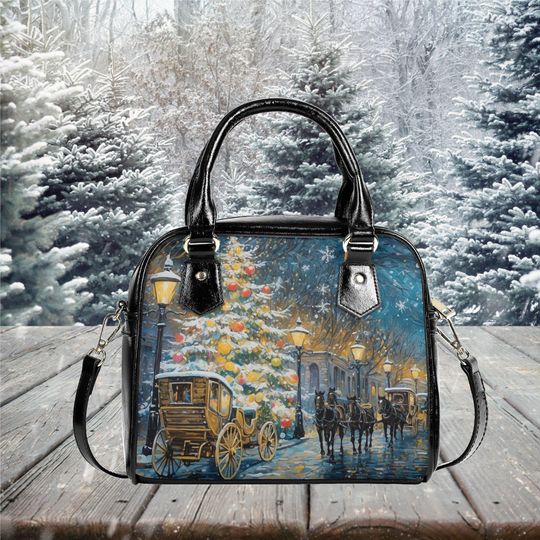 Discover Christmas Holiday Tree carriage Purse Satchel messenger purse tote crossbody fun cute design black shoulder handbag with strand top handles