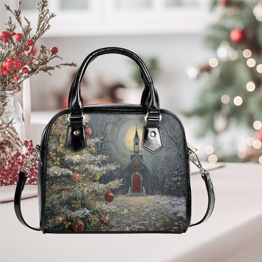 Christmas Holiday tree church Purse Satchel messenger purse tote crossbody fun cute design black shoulder handbag with strap and top handles