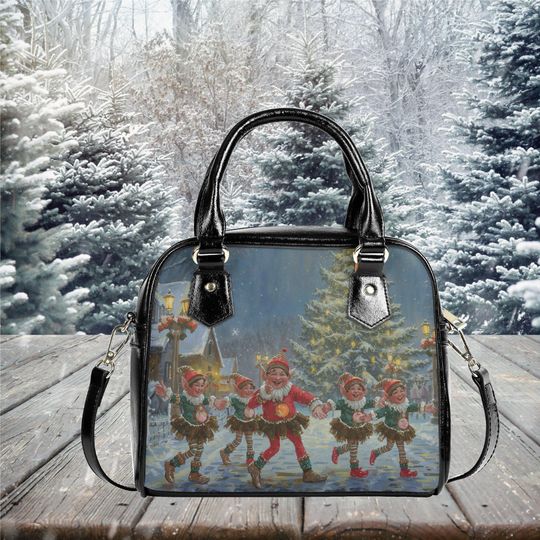 Discover Christmas Holiday's Elves Purse Satchel messenger purse tote crossbody fun cute design black shoulder handbag with strap and top handles