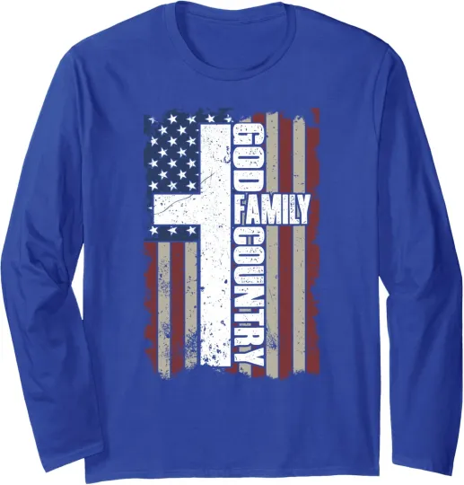 American Flag Long Sleeve T-Shirt with God, Family, Country, Faith Design