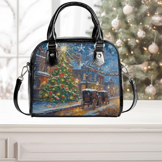 Discover Christmas Holiday Christmas town Purse Satchel messenger purse tote crossbody fun cute design black shoulder handbag with strap