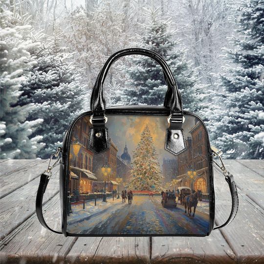 Christmas Holiday Christmas town Purse Satchel messenger purse tote crossbody fun cute design black shoulder handbag with strap