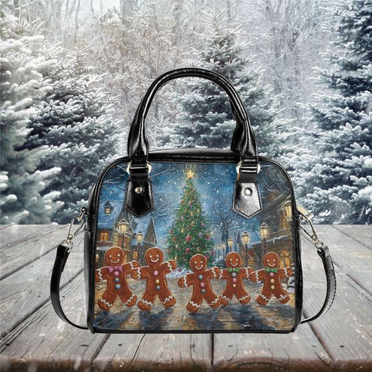 Christmas Holiday Gingerbread men Purse Satchel messenger purse tote crossbody fun cute design black shoulder handbag with strap