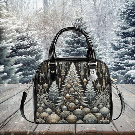 Discover Christmas Holiday Christmas tree Purse Satchel messenger purse tote crossbody design black shoulder handbag with strap and top handles