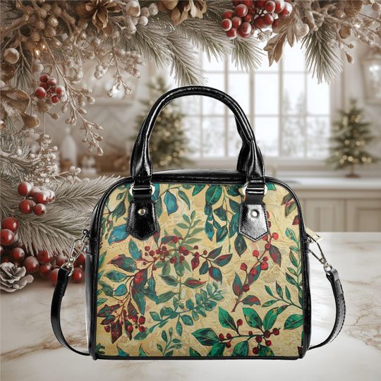 Discover Christmas Holiday greenery holly Purse Satchel messenger purse tote crossbody black shoulder handbag with strap and top handles