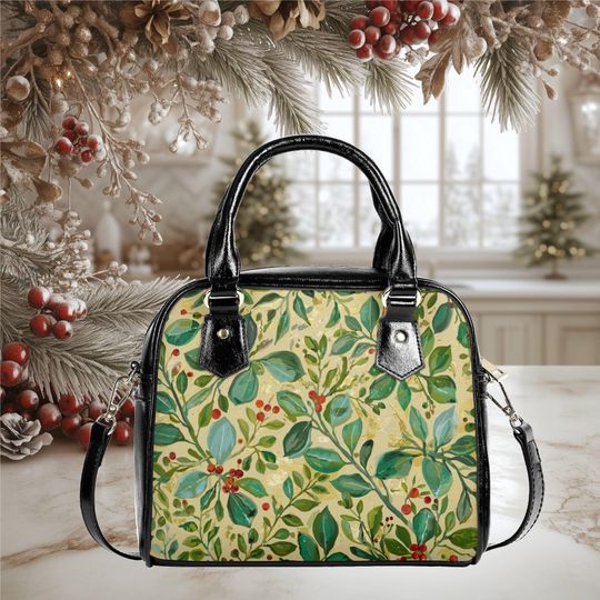Discover Christmas Holiday greenery holly Purse Satchel messenger purse tote crossbody black shoulder handbag with strap and top handles