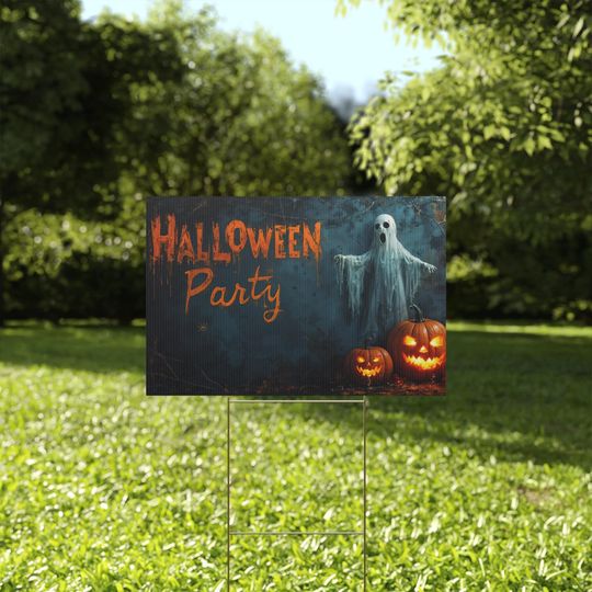Discover Spooky Halloween Party Yard Sign - Ghost & Pumpkin Outdoor Decor