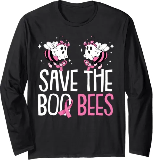 Discover Save The Breast Cancer Awareness Boo Bees Halloween Long Sleeve T-Shirt