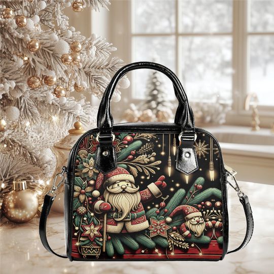 Discover Christmas Holiday Santa Claus purse Satchel messenger tote crossbody fun cute design black shoulder handbag with strap - top handles