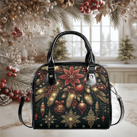 Discover Christmas Holiday Purse Satchel messenger purse tote crossbody fun cute design black shoulder handbag with strap and top handles
