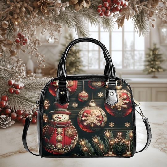 Christmas Holiday snowman ornaments purse Satchel messenger tote crossbody fun cute design black shoulder handbag with strap top handles