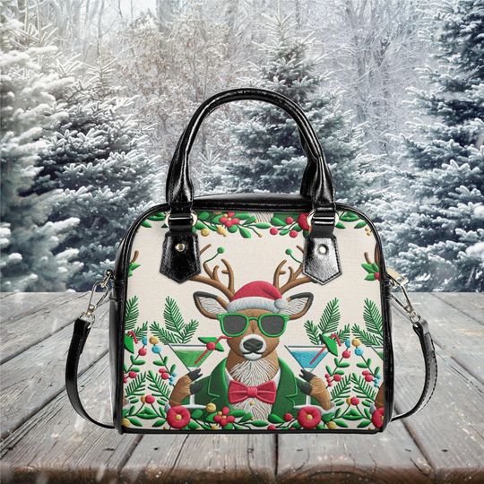 Discover Whimsical Christmas Holiday Purse Satchel messenger purse vegan  tote crossbody fun cute design black  handbag with strap and top handles