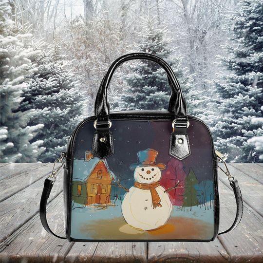 Discover Whimsical Christmas Holiday vegan Purse Satchel messenger purse tote crossbody fun cute design black  handbag with strap and top handles