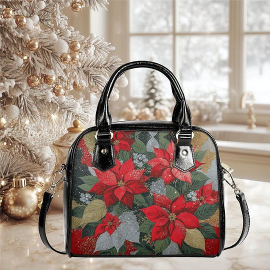 Discover Christmas poinsettias vegan leather Shoulder Handbag Christmas Holiday tote purse black crossbody top handles fun cute whimsical design