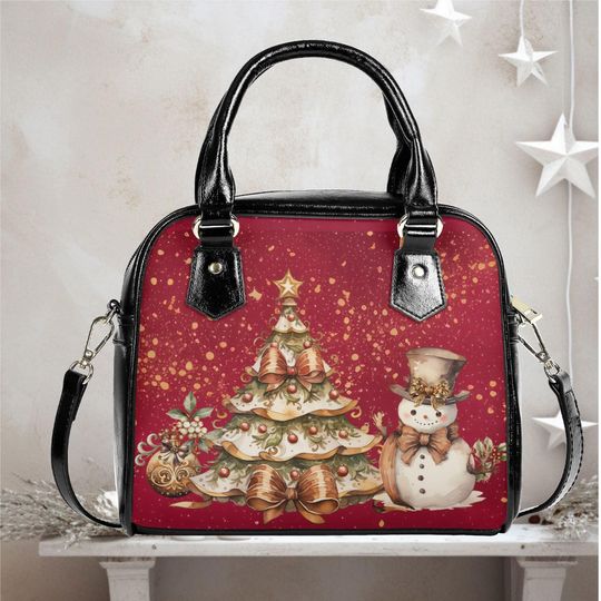Christmas  vegan leather Shoulder Handbag Holiday purse crossbody satchel tote   winter snowman Christmas tree   fun cute whimsical design