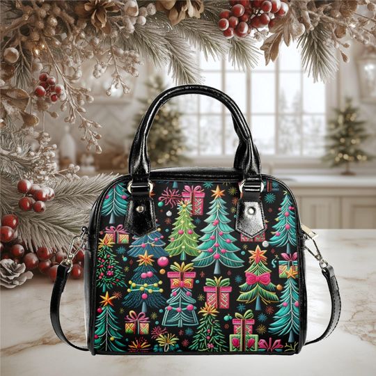 Discover Christmas Holiday tree vegan leather Shoulder Handbag tote purse black crossbody top handles fun cute whimsical design Holiday purse