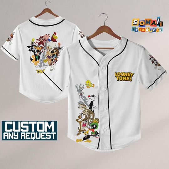 Personalize Looney Tunes Characters White Baseball, Baseball Team Outfit, Gift for Space Jamz Fans, Tune Squad Jersey, Family Jersey