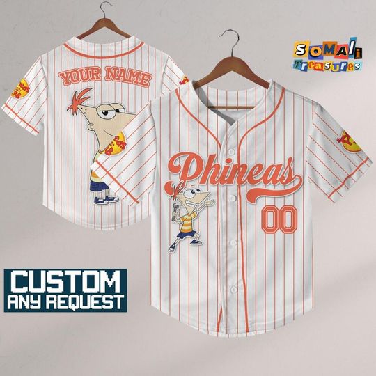 Custom Disney Phineas and Ferb White Stripe Jersey, Personalize Disneyland Jersey, Baseball Team, Birthday Gift for Disney Fans