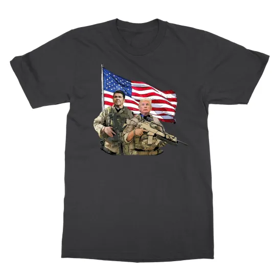 Discover Presidential Soldiers T-Shirt with Ronald Reagan & Donald Trump USA Flag Men’s Tee