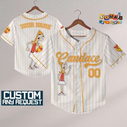 Custom Disney Candace Phineas and Ferb White Stripe Jersey, Personalize Disneyland Jersey, Baseball Team, Birthday Gift for Disney Fans