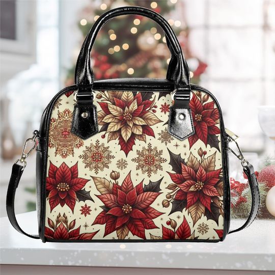 Christmas vegan leather Shoulder Handbag Christmas Holiday poinsettia tote purse black crossbody top handles fun cute colorful design