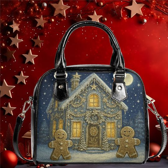 Discover Christmas vegan leather Shoulder Handbag Christmas Holiday tote purse black crossbody top handles fun cute whimsical design