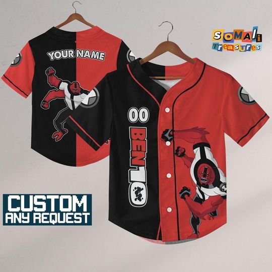 Personalized Ben 10 Omniverse Fourarm Jersey 2 Color Black And Red, Custom Kids, Youth, Adult, Birthday, Cartoon Team Outfit