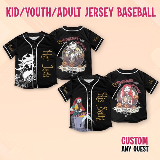 Discover Nightmare Before Jack and Sally Baseball Jersey, Matching Baseball Team Shirt, Disney Xmas Gift, Disney Halloween Jersey, Adult Youth Jersey