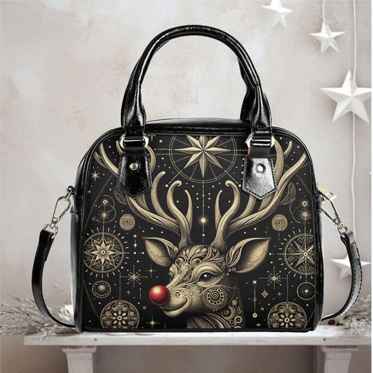 Christmas  vegan leather Shoulder Handbag Holiday purse black crossbody top handles  winter Reindeer red nose  fun cute whimsical design