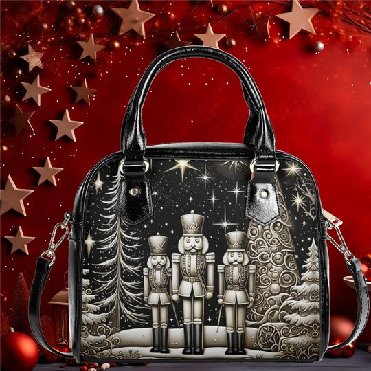 vegan leather Shoulder Handbag Nutcrackers Christmas tree Holiday day bag purse black crossbody satchel tote fun cute design