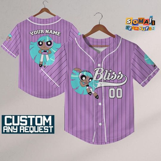 Personalize Bliss Jersey Violet Black ,Funny Powerpuff Girls 90s Cartoons, Retro PowerPuff Girls Jersey, Birthday Gift For Fans