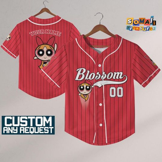 Discover Personalize Blossom Jersey Red Black ,Funny Powerpuff Girls 90s Cartoons, Retro PowerPuff Girls Jersey, Birthday Gift For Fans