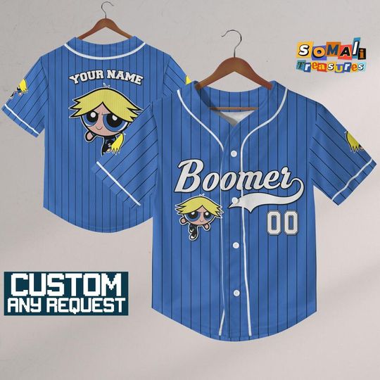 Discover Personalize Boomer Jersey Blue White ,Funny Powerpuff Girls 90s Cartoons, Retro Power Puff Girls Jersey, Birthday Gift For Fans