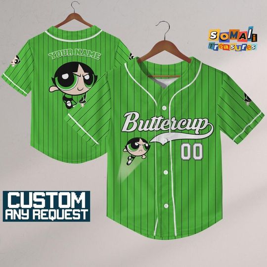 Personalize Buttercup Jersey Green White ,Funny Powerpuff Girls 90s Cartoons, Retro PowerPuff Girls, Birthday Gift For Fans