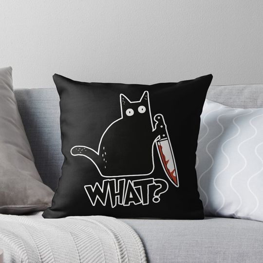 Discover  Cat What? Murderous Black Cat With Knife Gift Premium Pillow