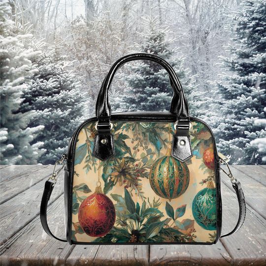 Christmas Holiday ornaments purse Satchel messenger tote crossbody fun cute design black shoulder handbag with strap top handles