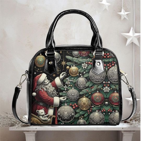 Christmas  Shoulder Handbag Holiday shoulder purse crossbody Santa Claus and Christmas Tree ornaments  winter fun cute whimsical design