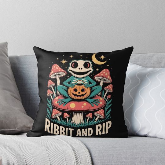 Discover Ribbit and RIP: declares this charming retro halloween illustration! s Pillow