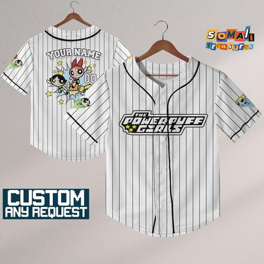 Discover Personalize Powerpuff Girl Fly White Black Jersey ,Funny Powerpuff Girls 90s Cartoons, Retro Power Puff Girls, Birthday Gift For Fans