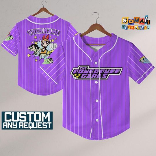 Personalize Powerpuff Girl Fly Violet Black Jersey ,Funny Powerpuff Girls 90s Cartoons, Retro PowerPuff Girls, Birthday Gift For Fans