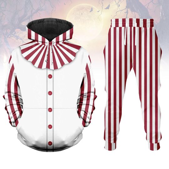Discover Creepy Clown Hoodie Jogger Set for Halloween, Circus Costume Tracksuit, Red White Stripe 3D Sweatshirt and Pants