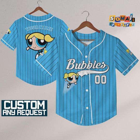 Discover Personalize Bubbles Jersey Blue White ,Funny Powerpuff Girls 90s Cartoons, Retro PowerPuff Girls Jersey, Birthday Gift For Fans
