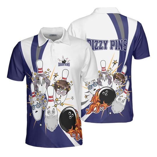 Discover Bowling Polo Shirt, 'Dizzy Pins' Design with Animated Bowling Pins and Ball, Fun and Unique Bowling Team Apparel