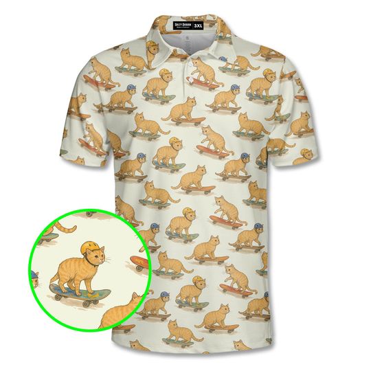 Cat Skateboarding Polo Shirt For Men  Funny Yellow Cat Polo  Casual Short Sleeve Button Up Shirt  Gift for Animal Lovers